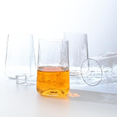 Gökotta Juego de 4 vasos de cristal martillados hechos a mano para beber de lujo, vasos de agua Highball para whisky, cóctel, whisky, gris ahumado, 360 ml (transparente) (transparente)