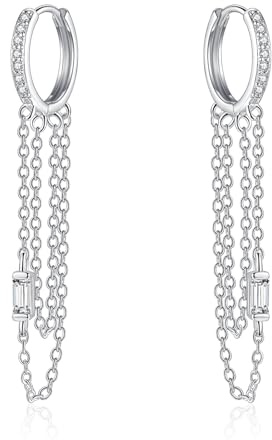 Cangall Ohrringe Hängend Silber Creolen, 925 Sterling Silber Ohrringe Quaste Baumeln für Damen, Ohrringe Creolen mit Kette Anhänger Lang Tropfen Ohrringe mit Cubic Zirkonia Kleine Hängende Ohrringe