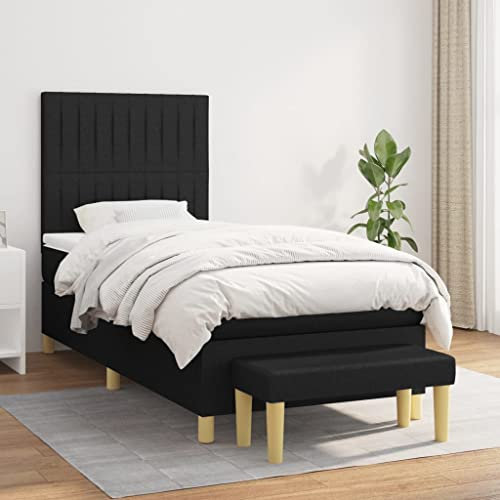 OHOOWOO Boxspringbett mit Matratze Schwarz 90x200 cm Stoff,203 x 90 cm Boxspringbett mit verstellbarem Kopfteil und mittelharter Taschenfederkernmatratze in SchwarzWeiß