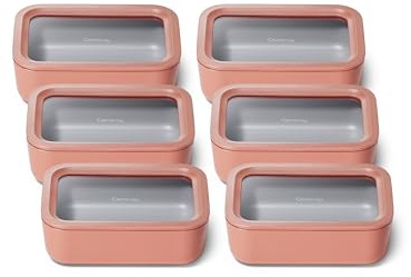 Caraway Glass Food Storage – Meal Prep Bundle – 6 Medium (6.6 Cup) Food Containers - Ceramic Coated - Non Toxic, Non Stick Containers with Glass Lids - Microwave Safe - Perracotta