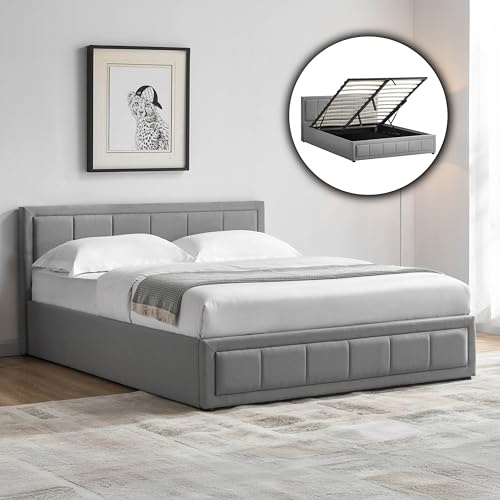 Vida Designs Vanita King Ottoman Bed Frame | Light Grey | 85 H x 161 W x 216 D cm | Upholstered Fabric | Cushion Headboard | Gas Lift | Large Storage | Space-Saving | Premium Bedroom Furniture