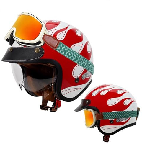 QJWMatic Herren Damen Motorrad Retro Jethelm mit Visier ECE-geprüft 3/4 Vintage Halbhelm für Erwachsene Moped ATV Roller Helm J,M55-56CM