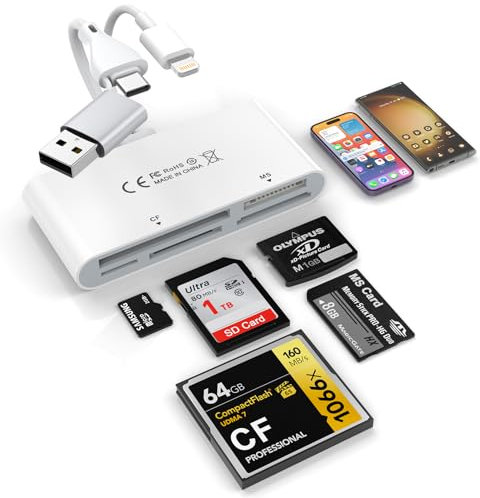Memory Card Reader, 5in3 Lightning/Type-C/us-sd/TF (Micro SD) / MS/XD/CF Card Reader OTG Compatible Fast Transfer Support for iPhone, iPad, MacBook, iMac, Samsung, Google, PC