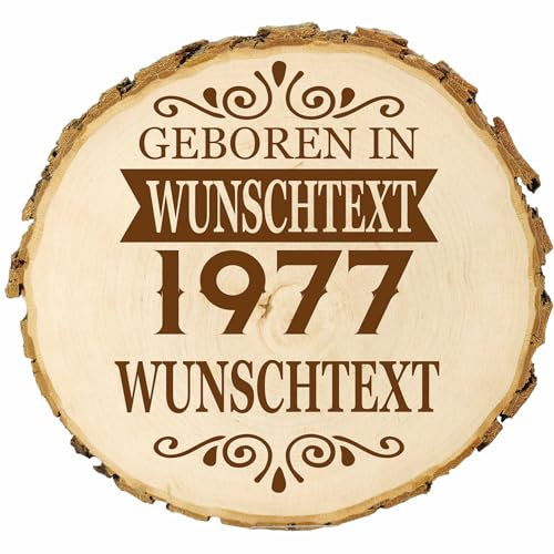KIWISTAR UG - Baumscheibe - 36-40 cm - Geboren in - personalisiertes Geschenk individuell selbst gestalten - Name - Holzscheibe mit Wunschtext - Naturholz - Geschenk - Türschild