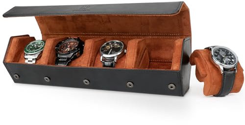 HELMDY Watch Roll Case for Men & Women, 4 Slots Watch Box Organizer Display Case, Hexagon Watch Storage for 4 Watches, Portable Travel Watch Case PU Leather Watch Box (Black/Brown)