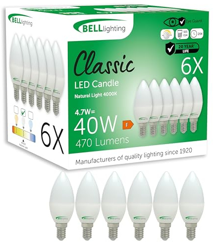 BELL Lighting E14 SES Dimmable LED Candle Bulbs Natural White 4.7W 6 Pack | Dimmable E14 SES LED candle bulbs with 4000K natural white light, 470lm brightness and 40W equivalent output for lamps.