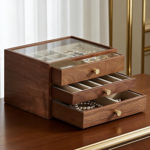 Baolivi Schmuckaufbewahrung Schmuckkasten Klein Schmuckkästchen aus Holz für Damen, Massivholz Schmuckschatulle Schmuckbox Holz mit Glasabdeckung 3 Schubladen Schmuckkiste für Ringe Halskette