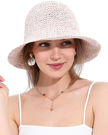 soul young Chapeau de Soleil Femme en Paille Tressée Large Bord Reversible(Beige et Rose)