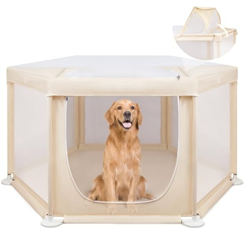 58x58x30 Large Dog Playpen Indoor, Extra Tall Puppy Playpen with Removable Roof, Sturdy Fabric Mesh Dog Pen for Medium to Large Pets, Spacious Hexagonal Pet Playpen Indoor for Comfort