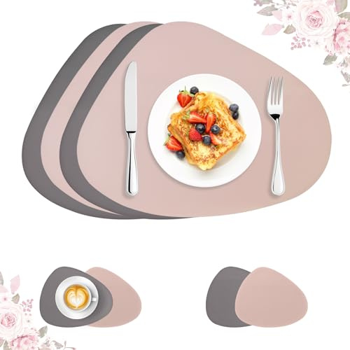ROEOWENE 4er Set Tischsets Abwaschbar Oval Rund Leder Tischset Platzsets | Wasserdicht Platzdeckchen Rutschfest Und Untersetzer Teller Tischuntersetzer Tischunterlage Esstisch