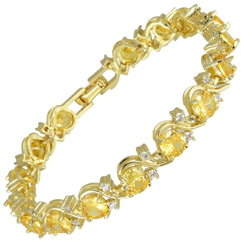 RIZILIA BLOSSOM Gold Plated Colorful Birthstone Tennis Bracelet for Women | 14K Gold Plated Multicolor CZ Bracelets, 6mm Round CZ, 6.5/7/7.5 Inches (16,5/18/19 cm), Hypoallergenic, Gift Boxed
