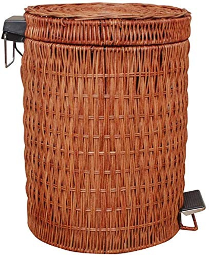 Large Round Rattan Trash Can with Lid Woven Wicker Wastebasket for Kitchen & Bathroom Pedal Garbage Bin Dustbin Stylish Household Organizer (Color: B Size: 12L)
