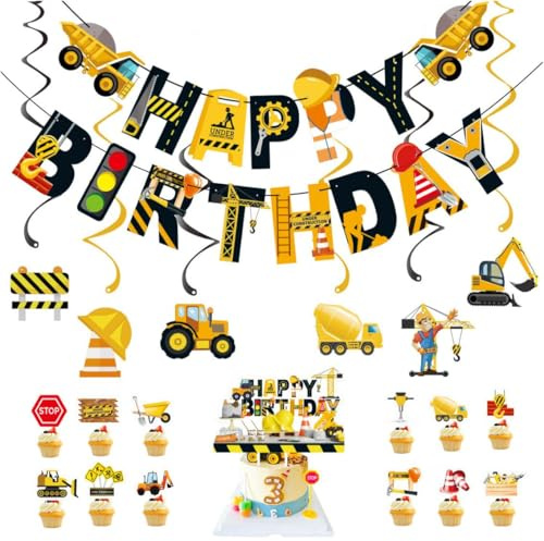 Bagger Deko Kindergeburtstag, Baustellen Geburtstagdeko Set, BAU Party Dekoration, Baustelle Geburtstag mit Tortendekoration Happy Birthday Banner