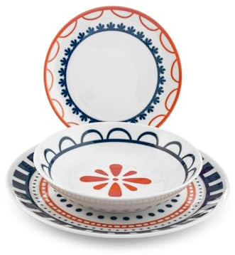 H&H Servizio Piatti 18 Pezzi Zephyra – Porcellana Decorata, Forma Coupe – 6 Piatti Piani 27 cm, 6 Piatti Fondi 23 cm, 6 Piatti Frutta 19,5 cm – Lavabili in Lavastoviglie e Idonei al Microonde