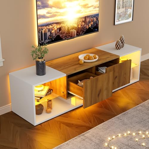 OKMYHOME Meuble TV avec LED, 160 cm, Blanc et Bois, pour TV 55–70 Pouces | Meuble télé de salon, charge max. 40 kg, tiroirs, étagères en verre, rangements, panneaux de particules, P 40 × H 42 cm