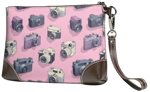 GVYGVY Petit sac à main pour femme – Portefeuille portable en cuir avec dragonne pour appareil photo rétro imprimé rose
