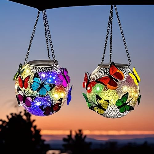 2 Pcs Solar Hanging Butterfly Ball Light, Solar Lights Outdoor Garden, Waterproof Round Ball Butterfly Lights Garden Ornaments Yard Decor Outdoor for Home, Yard, Patio, Party, Lawn, Wedding