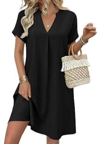 Zeagoo Robe d'été pour femme - Col en V - Manches courtes - Mini robe élégante à fleurs - Robe décontractée et légère - Robe de plage avec poches - Tailles S à XXL