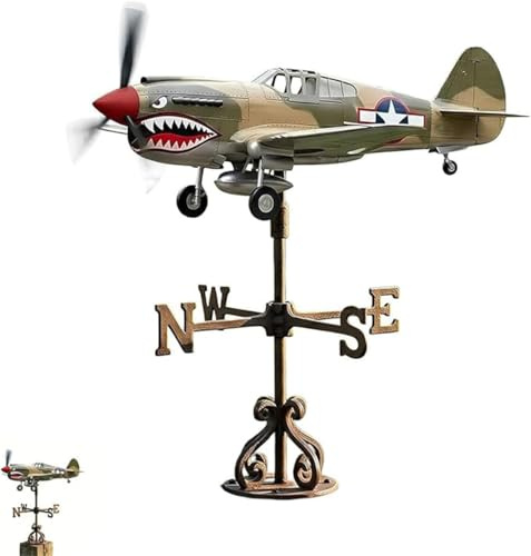 Shark Mouth Warplane Garten Windspiel - Metall Warplane Wetterfahne mit Halterung & Ostwest, Süd und Nord wetterbeständiges Dekor für Rasen, Garten und Terrasse