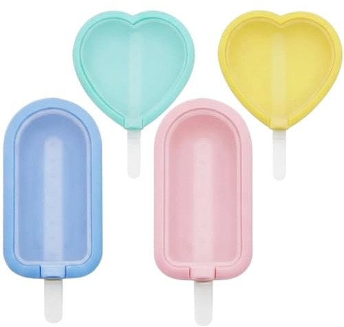 4 Pcs Ice Lolly Moulds with Sticks, Silicone Ice Cream Moulds for Family Treats, Heart and Popsicle Shapes in Green Yellow Pink Blue Colours