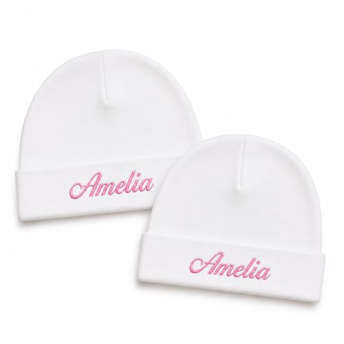 Lobeko Personalised Newborn Baby Hats Set of 2, Cotton, Name Embroidered | 0–3 months, custom embroidered name, 100% cotton, pair of newborn baby beanies, soft breathable fabric, machine washable
