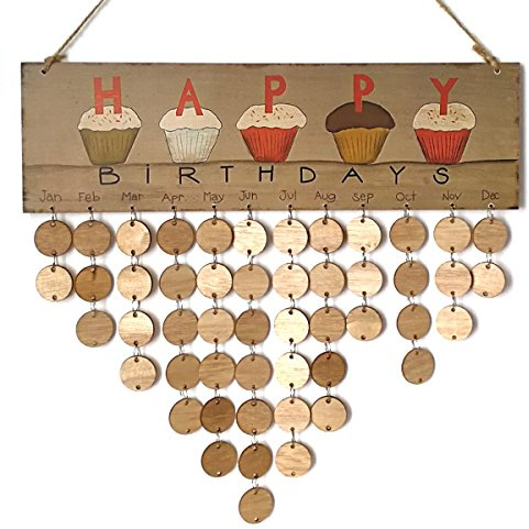 Rosenice Calendrier d'anniversaire en bois, tableau mémo pour la famille et les amis, cadeaux, décoration festive pour la maison, bricolage, 1 planche, 1 ficelle de suspension, 50 plaquettes rondes en