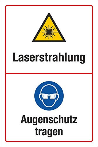 Schild Laserstrahlung Augenschutz tragen 300 x 200 mm | 3 mm Alu-Verbund, wetterfester UV-Direktdruck, robust und langlebig, Made in Germany