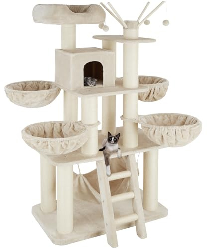 tectake® Albero Tiragraffi per Gatti, Albero Tiragraffi in Morbido Peluche, Colonne in Sisal Resistente, Diversi Piani, Comoda Scaletta e Casetta Relax - Beige/Bianco