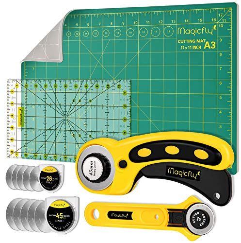 Magicfly Rotary Cutter Set, Quilting Kit Including Fabric Cutter Wheel and Mat, A3 Patchwork Ruler, Carving Knife, Replacement Cutter Blades for Fabric Sewing Quilting