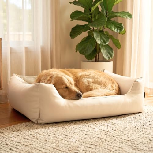 4L Textil Mario Orthopädisches Hundebett Kunstleder große Hunde Hundekorb | 140x110 cm | Beige | Wasserabweisend | Abwischbar | Robust