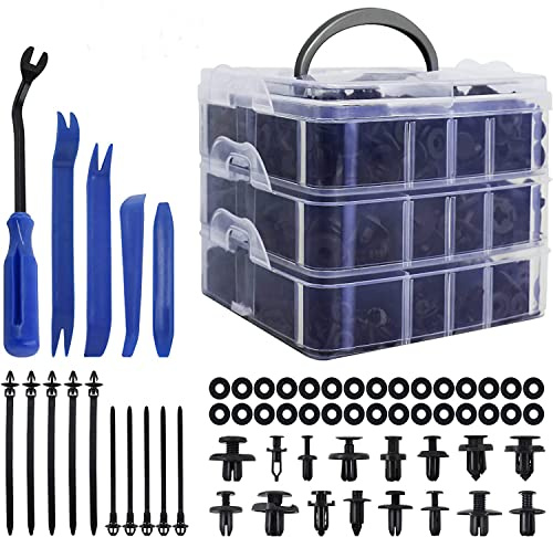 PHYLES Auto Befestigung Clips, 665 Stücke Befestigungsclips Universal, Türverkleidung Klammern Stoßstangen Zierleisten Clips Auto Set mit Demontage Werkzeuge, Kabelbinder und Schwammig Kissen