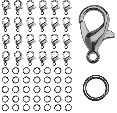 KINBOM 50 Karabinerverschluss und 120 Offenem Sprungringsatz, Magnet Halskettenverschluss Armbandverschlusse Karabinerverschluss Schmuck (Verschluss: 12x6mm + Ring: 0,7x5mm, Pistole Schwarz)