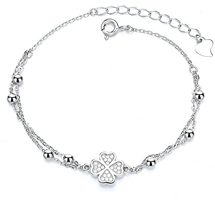 Belons Damen Armband Kleeblatt 925 Sterling Silber Zirkonia Vierblättrige Kleeblatt Charm Armband Mädchen Armkette Armkettchen Kinder Fußkettchen