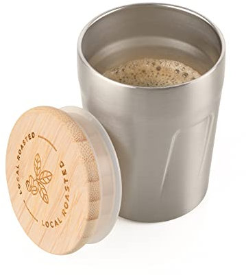 Troika Thermobecher mit graviertem Deckel für Heißgetränke aus Edelstahl und Bambus in der Farbe Silber-Braun 160ml, CUP75/ST