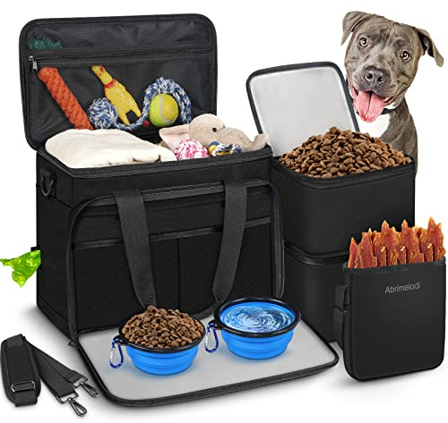 Abrimelodi 6-Piece Dog Travel Bags Set, Large Pet Supplies for Dogs, Includes 2 Foldable Dog Bowls, 2 Food Containers, 1 Treat Bag with Travel Bag, Black