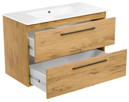 Waschbecken mit Unterschrank 80 cm Breit Girona, Waschbeckenunterschrank Hängend mit Schubladen, Waschtischunterschrank, Waschbeckenunterschrank Holz (Lancelot-Eiche) - Keramik Waschtisch