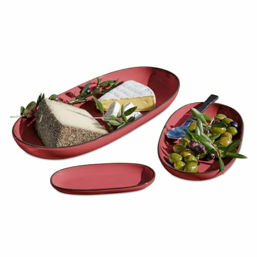 LOBERON Biarré Lot de 3 plateaux de service - Poterie réalisée à la main - Céramique émaillée, rouge