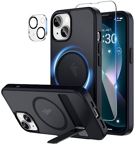 Niunisi Magnetic Case für iPhone 13 Hülle 6.1-Zoll, Slim Ständer mit Panzerglas Kompatibel mit Magsafe Handyhülle Stoßfeste Transluzent Matt Schutzhülle Phone Case Cover, Schwarz