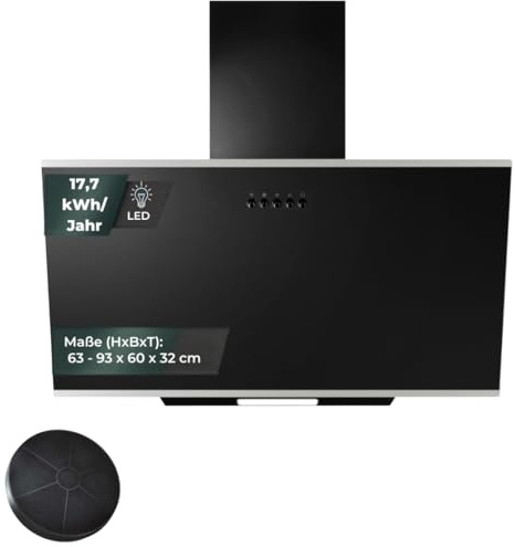 YUNA Dunstabzugshaube DUNJA | 60cm Breite | mit 47W Motorleistung | Schwarze Glasfront | 3 Leistungsstufen | Abluft & Umluft | Energieeffizienz A | LED-Beleuchtung (inklusive Kohlefilter)