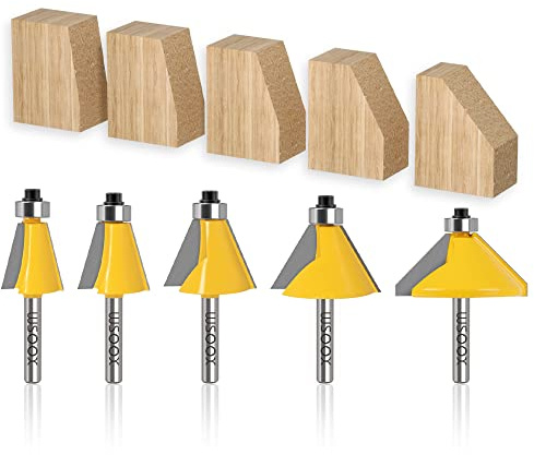 WSOOX 5-teiliges Fasenfräsen-Set, 6,35 mm Schaftkantenformschneider mit Lagerführung, Kegelkantenfräsen-Bit (11,25 °, 15 °, 22,5 °, 30 °, 45 °)