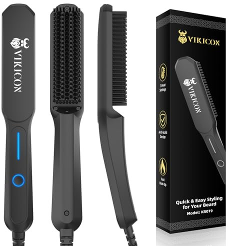 VIKICON Piastra per Capelli e Barba Uomo, Spazzola Lisciante Elettrica Professionale a Ioni Negativi per Capelli, Tre Temperature Regolabili, Portatile, Antiscottatura, Riscaldamento Rapido