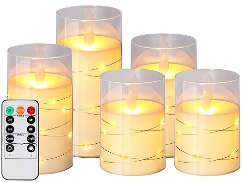 LED Flameless Candle, HIYAA LED Candles with Embedded String Lights, 5 Pack Battery Operated Candles with Remote Control, 24-Hour Timer Function, Dancing Flame