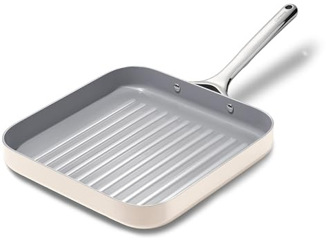 Caraway Square Grill Pan - 11” Grill Pan - Non-Stick Ceramic Coated - Non Toxic, PTFE & PFOA Free - Oven Safe & Compatible with All Stovetops - Cream