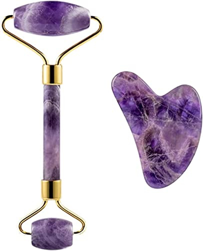 Amethyst-Rohstein, Amethyst-, Naturstein-Gesichtsroller, Gua-Sha-Werkzeug-Set, SPA, Akupunktur, Schaben, Kristall, Körper, Gesicht, Gesundheitspflege, Massage (Farbe: Lila-2) Voller Textur ( Color : P