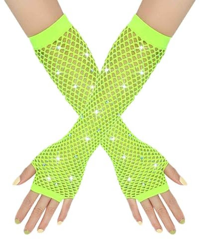Damen Netzhandschuhe Glänzende Fingerlose Handschuhe Lange Fischnetz Armstulpen Mesh Handschuhe Karneval Party Kostümzubehör Opernhandschuhe Abendhandschuhe Glitzer Handschuhe (Mint Green, One Size)
