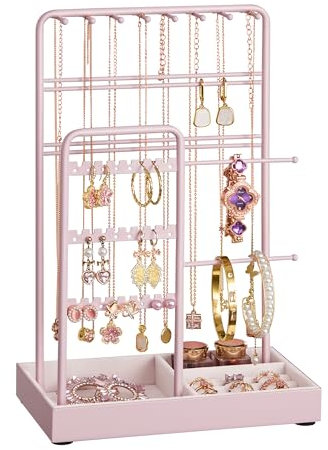 SONGMICS Portagioie, Porta Collane e Orecchini, Espositore per Gioielli, Metallo, Vassoio in Velluto, per Collane Bracciali Orecchini Anelli, Idea regalo, Rosa Pastello JJS021R01