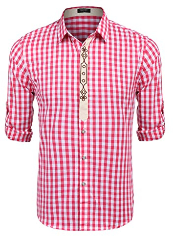 COOFANDY Herren Trachtenhemd Oktoberfest Hemd Kariertes Bayrisches Hemd Langarm Trachten Festhemd Karohemd Trachten Hemden Oktoberfest Herren Outfit Rot XXL
