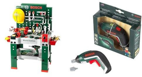 Theo Klein 8485 Bosch Werkbank Nr. 1 | 150-teilig | Inkl. Werkzeuge Und Zubehör & Theo Klein Bosch Akkuschrauber Ixolino | Batteriebetriebener Akkuschrauber mit Licht und Sound