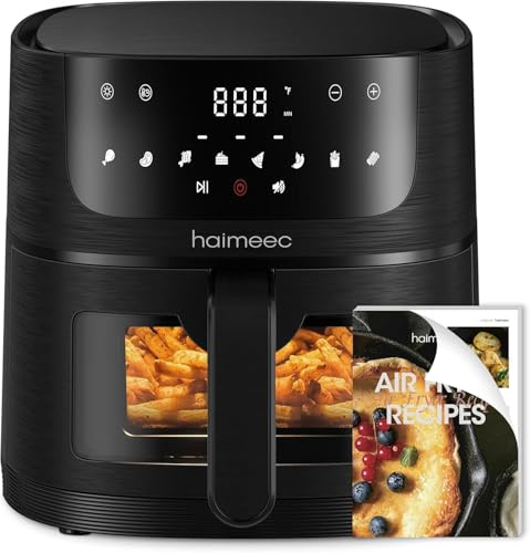 HAIMEEC Air Fryer 6L, 8 cooking options, Visual Window, Max temp 220°C, Nonstick Basket, Digital touchscreen, Easy clean, Shake Reminder, Quiet<60dB for Healthy Cooking