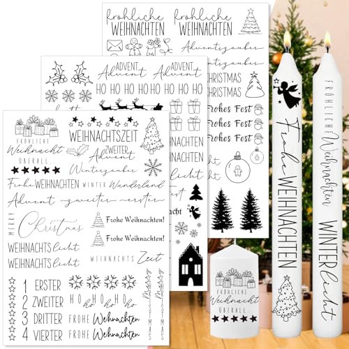 Kerzen Tattoo Weihnachten,3 Stück DIY A4 Kerzen Tattoofolie，Wasserschiebefolie Stabkerzen,Sprüche zum Verschenken，für Kerzen/Keramik，DIY Geschenk (Weihnachten Ⅲ)
